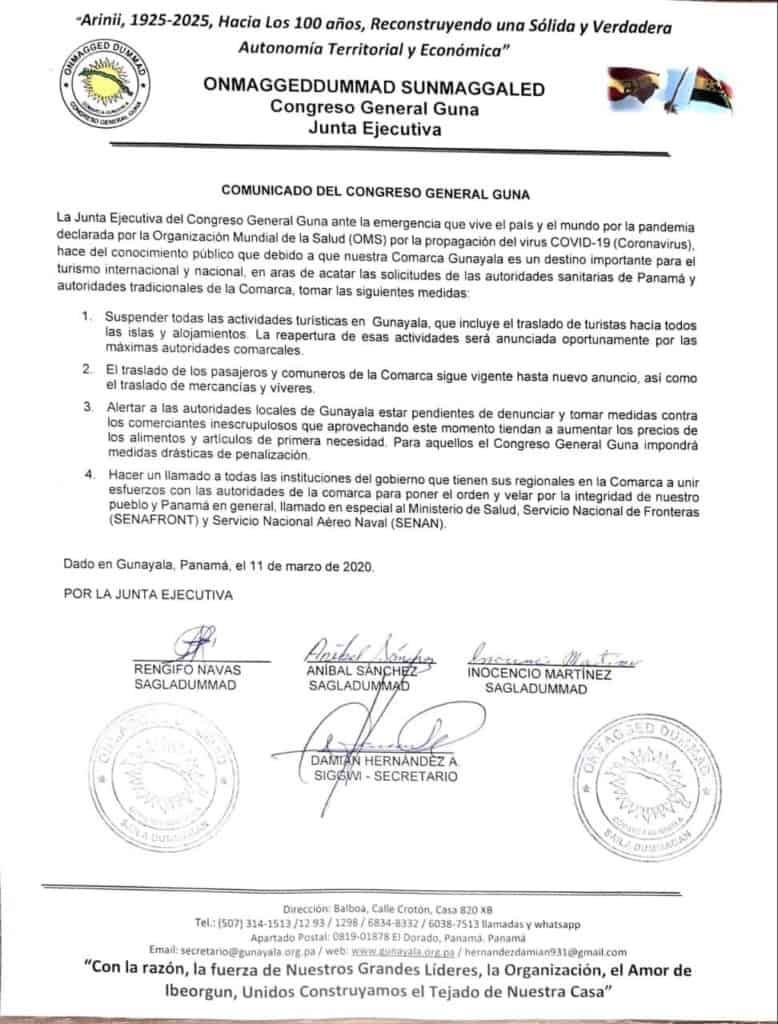 Nota del congreso Guna Yala.